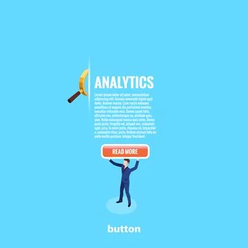 Web button and text on a blue background, running man in a business suit, iso Stock Illustration
