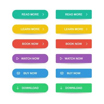 Web buttons set in flat style. Read, learn, book, watch and download now butt Illustrazione stock