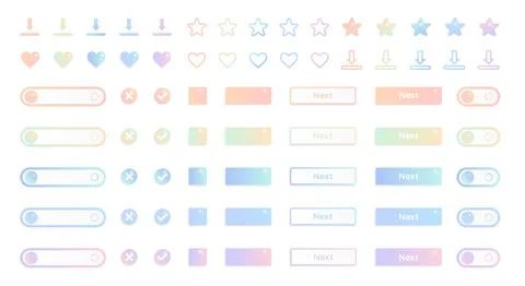 Web buttons set, soft gradient shapes and ui symbols, hearts, stars Stockillustratie