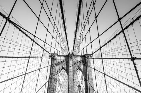 The web of cables of Brooklyn bridge in black and white, New York, USA Stock Photos