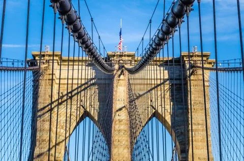The web of cables of Brooklyn bridge, New York, USA Stock Photos