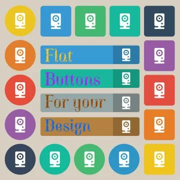 Web cam icon sign. Set of twenty colored flat, round, square and rectangular but Stock Illustration