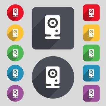 Web cam icon sign. A set of 12 colored buttons and a long shadow. Flat design. Stock Illustration