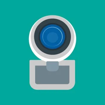 Web camera front view vector icon digital technology equipment video. Cam len Stock Illustration