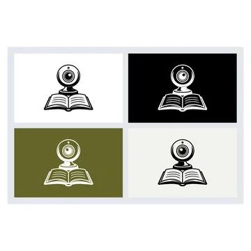Web camera placed above an open book in a graphic illustration style Stock Illustration
