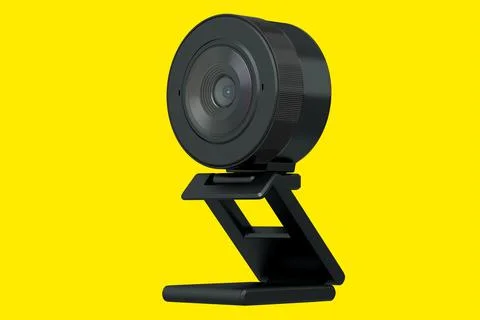 Web camera on stand for online video chat and conference on yellow background Illustrazione stock