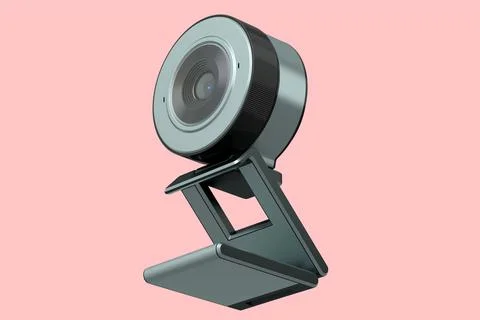 Web camera on stand for online video chat and conference on pink background Illustrazione stock