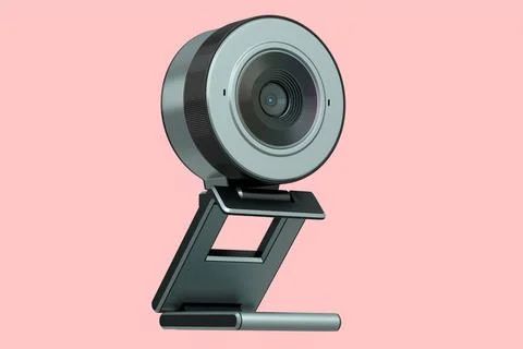 Web camera on stand for online video chat and conference on pink background Illustrazione stock