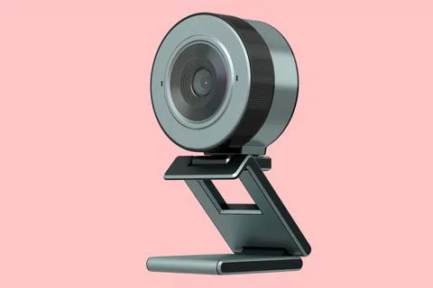 Web camera on stand for online video chat and conference on pink background Illustrazione stock