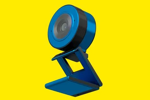 Web camera on stand for online video chat and conference on yellow background Illustrazione stock