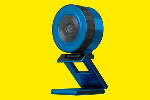 Web camera on stand for online video chat and conference on yellow background Illustrazione stock