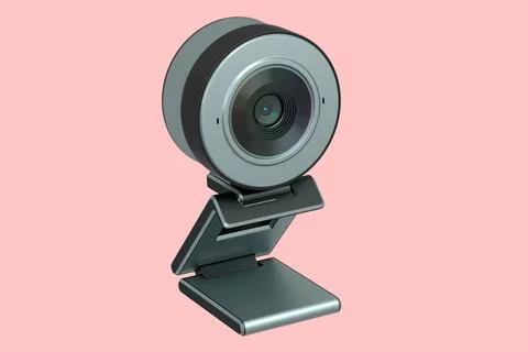 Web camera on stand for online video chat and conference on pink background Illustrazione stock