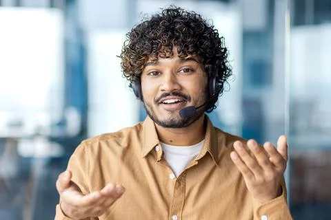 Web camera view, online video call, young man smiling and looking into camera Stock Photos