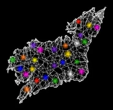 Web Carcass Map of La Coruna Province with Colorful Light Spots Stock Illustration