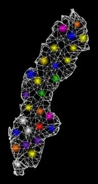 Web Carcass Map of Sweden with Shiny Light Spots Illustrazione stock