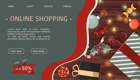 Web Christmas page with Christmas tree, gifts, sweets, decorations, street carts 库存插图
