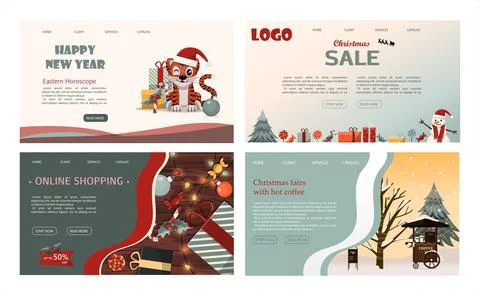 Web Christmas pages with Christmas tree, gifts, sweets, decorations, street Stock Illustration