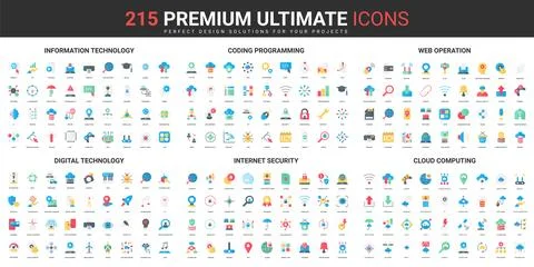 Web coding, programming and internet security, cloud computing color flat icons Stock Illustration