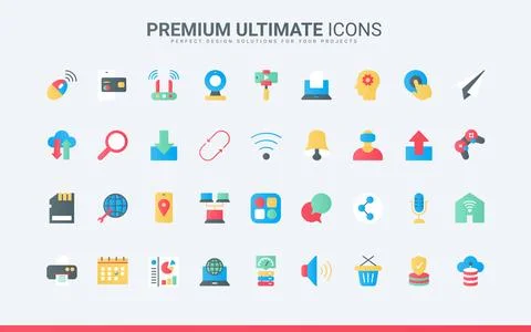 Web communication trendy flat icons set, upload, download and update data and Stock Illustration