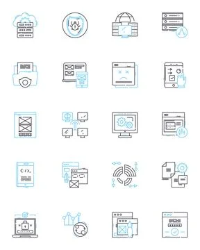Web computing linear icons set. Browser, HTML, JavaScript, CSS, Server, Database Stock Illustration