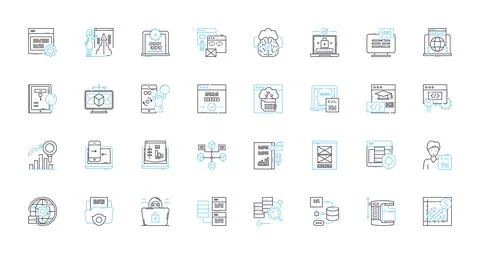 Web computing linear icons set. Browser, HTML, JavaScript, CSS, Server, Database Stock Illustration