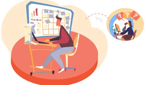 Web conference concept, group of analyst managers discussing project remotely Stock Illustration