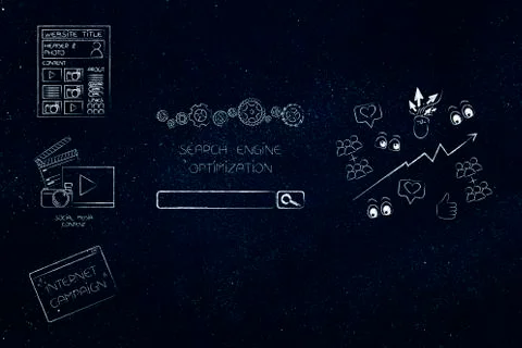 Web contents next to search engine optimization icon and views and likes stat イラスト素材