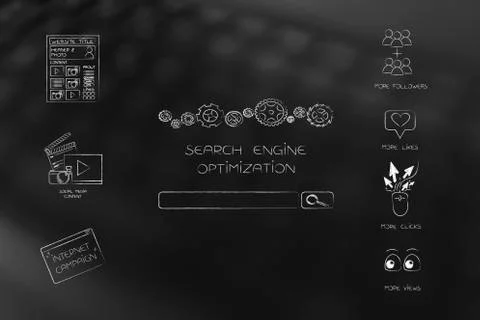 Web contents next to search engine optimization bar and more followers likes  イラスト素材