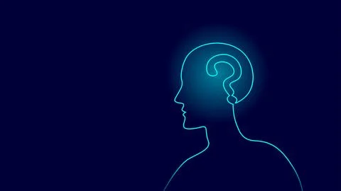 Web Continuous line drawing human head. Question mark inside brain represents Stock Illustration