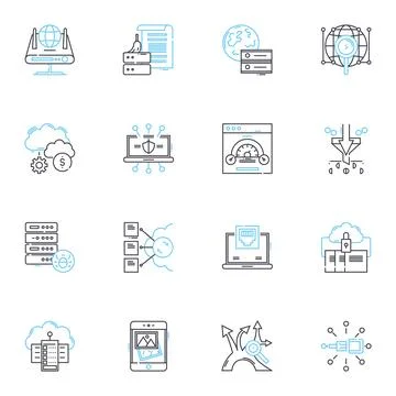 Web creation linear icons set. Design, Development, HTML, CSS, JavaScript 스톡 일러스트