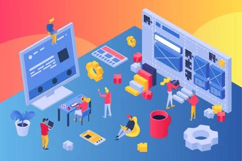 Web creative develop team isometric, vector illustration. Worker programming Stock Illustration
