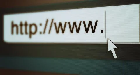 Web, cursor and url of search bar on computer screen for information, worldwide Foto stock