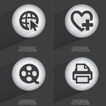 Web with cursor, Heart with plus, Videotape, Printer icon sign. Set of buttons w Stock Illustration