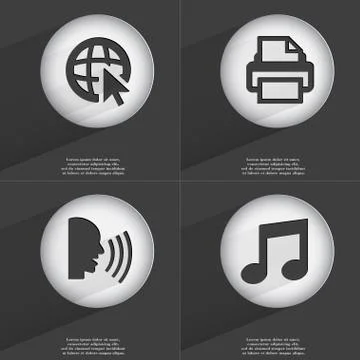 Web with cursor, Printer, Talk, Note icon sign. Set of buttons with a flat desig イラスト素材
