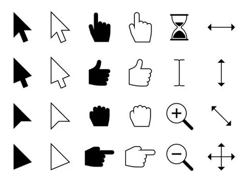 Web cursors. Digital hand finger pointers, choosing computer mouse click and Stock Illustration