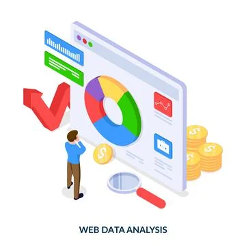 Web data analysis concept. Man in front of website with graphs and diagrams.  Stock Illustration