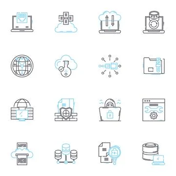 Web data linear icons set. Scraping, Crawling, Harvesting, Extraction, Parsing Stock Illustration