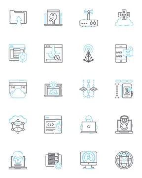 Web data linear icons set. Scraping, Crawling, Harvesting, Extraction, Parsing Stock Illustration