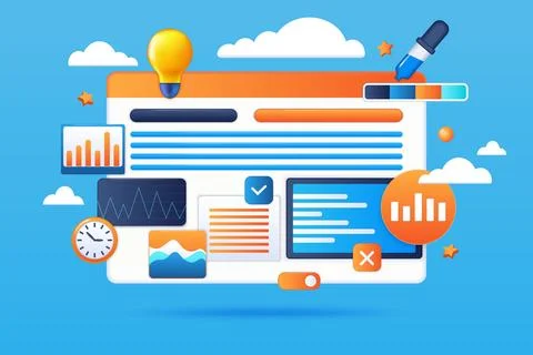 Web design. 3D UI render graphic. Website software. Internet interface creating Stock Illustration