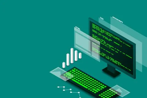 Web design and development, computer programming, isometric technology, progr Illustrazione stock