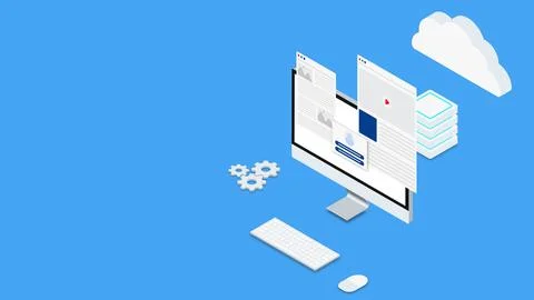 Web design and development with computer, cloud and server isometric Stock Illustration