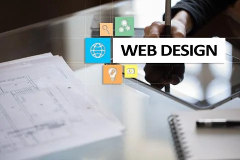 Web design and development concept on the virtual screen. Stock Photos