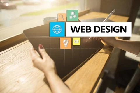 Web design and development concept on the virtual screen. Stock Photos