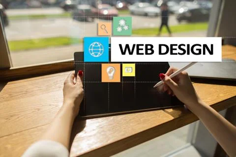 Web design and development concept on the virtual screen. Stock Photos