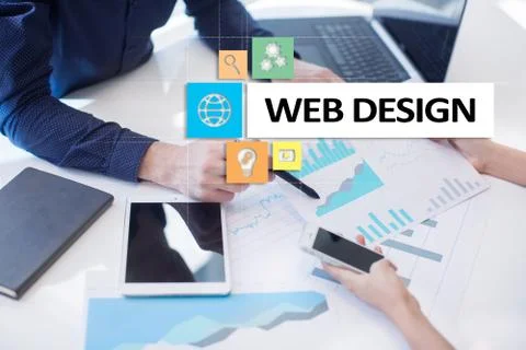 Web design and development concept on the virtual screen. Stock Photos