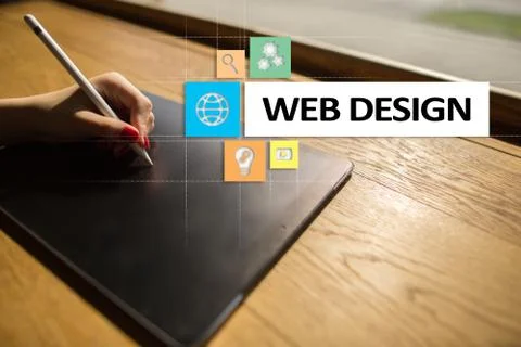 Web design and development concept on the virtual screen. Stock Photos