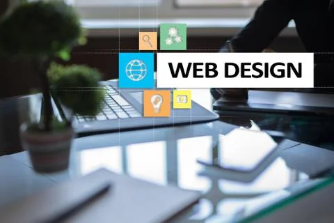 Web design and development concept on the virtual screen. Foto stock