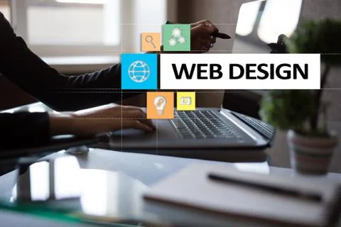 Web design and development concept on the virtual screen. Foto stock