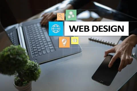 Web design and development concept on the virtual screen. Stock Photos