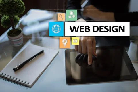 Web design and development concept on the virtual screen. Foto stock